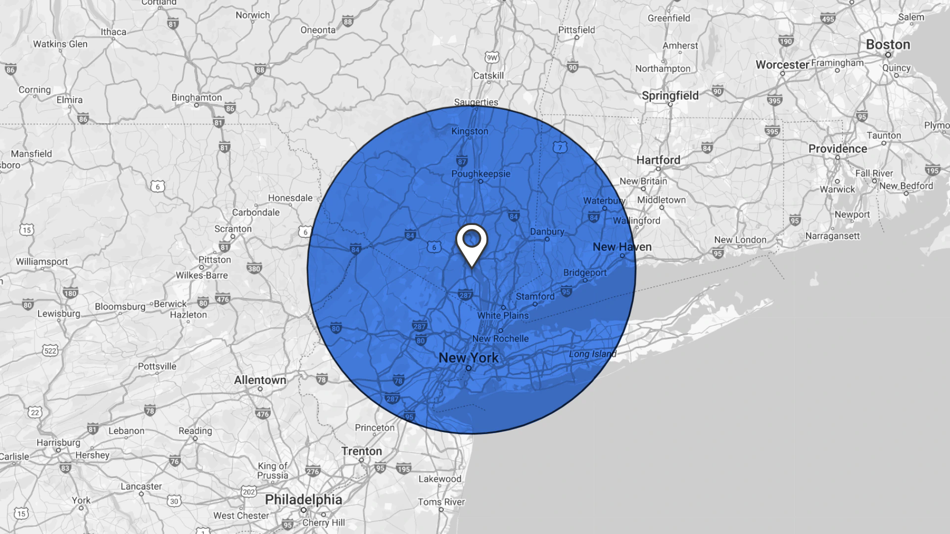 Map showing a blue circular area centered around New York City.