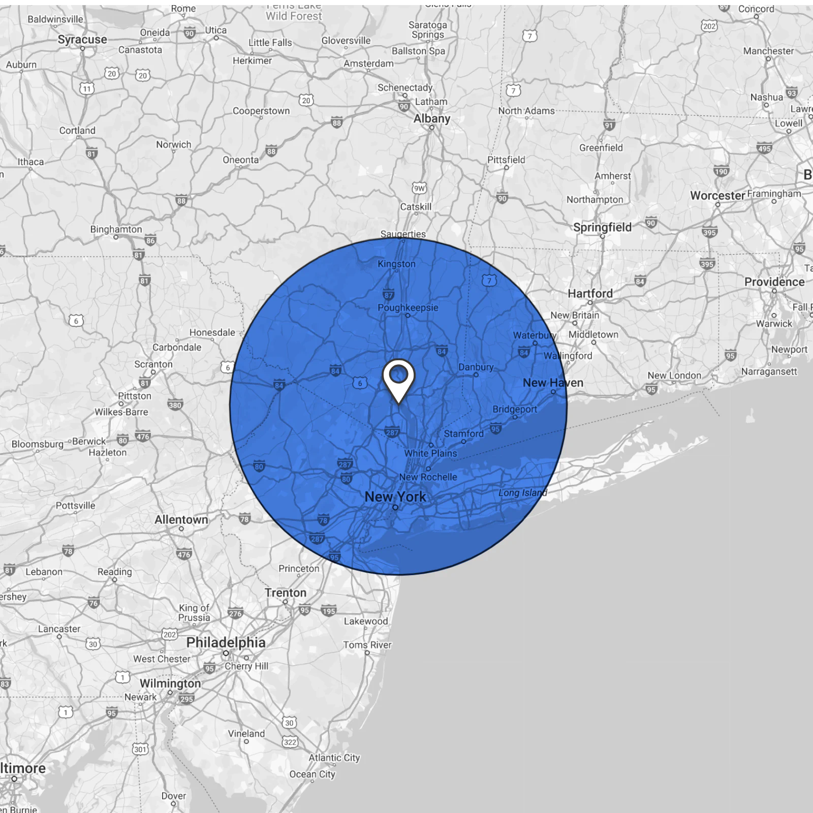 Map showing a blue circular area around New York City.