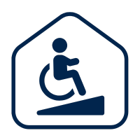 Wheelchair accessible ramp symbol inside a house shape.